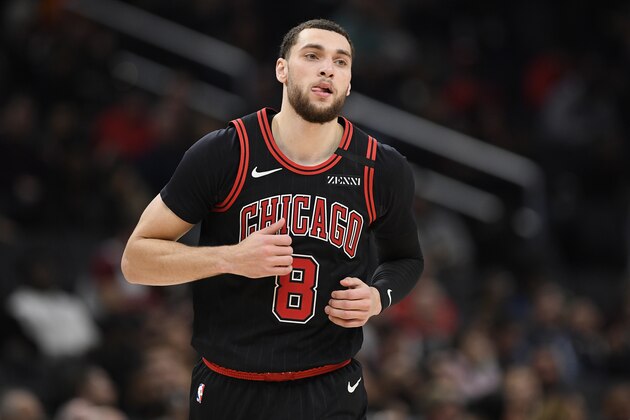 Chicago Bulls guard Zach LaVine (8) runs on the court during the second half of an NBA basketball game against the Washington Wizards, Tuesday, Feb. 11, 2020, in Washington. The Wizards won 126-114. (AP Photo/Nick Wass)