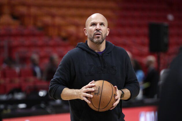 Los Angeles Lakers assistant coach Jason Kidd works with players before a NBA basketball game against the Miami Heat, Friday, Dec. 13, 2019, in Miami. (AP Photo/Lynne Sladky)