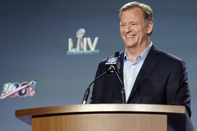 NFL Commissioner Roger Goodell smiles before answering a question during a news conference for the NFL Super Bowl 54 football game Wednesday, Jan. 29, 2020, in Miami. (AP Photo/David J. Phillip)