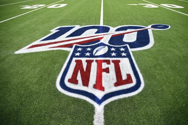 The 100th anniversary logo is shown above the NFL shield before an NFL wild-card playoff football game between the Buffalo Bills and Houston Texans Saturday, Jan. 4, 2020, in Houston. (AP Photo/Eric Christian Smith)
