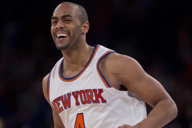 New York Knicks guard Arron Afflalo (4) reacts after hitting a 3-point shot against the Utah Jazz late in the fourth quarter of an NBA basketball game, Wednesday, Jan. 20, 2016, in New York. The Knicks won 118-111 in overtime. (AP Photo/Julie Jacobson)