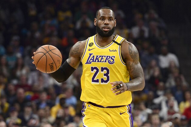 Los Angeles Lakers forward LeBron James (23) plays in the second half of an NBA basketball game against the Memphis Grizzlies Saturday, Feb. 29, 2020, in Memphis, Tenn. (AP Photo/Brandon Dill)