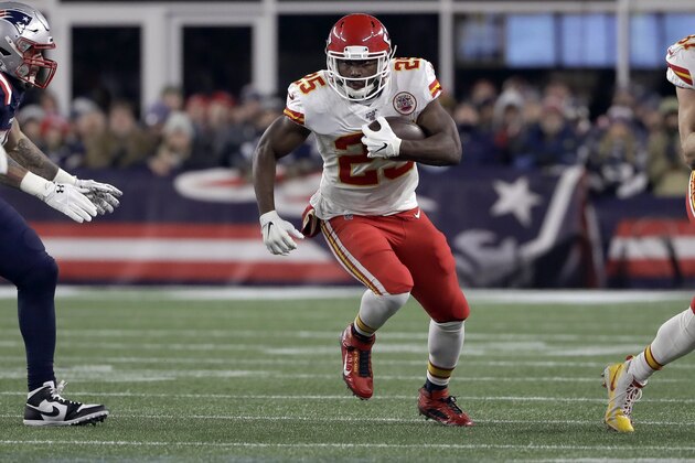 Kansas City Chiefs running back LeSean McCoy carries the ball in the first half of an NFL football game against the New England Patriots, Sunday, Dec. 8, 2019, in Foxborough, Mass. (AP Photo/Steven Senne)