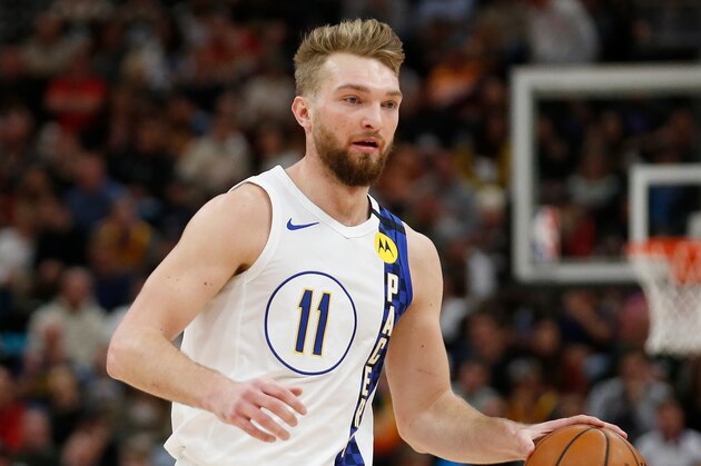 Indiana Pacers forward Domantas Sabonis (11) brings the ball up court in the first half during an NBA basketball game against the Utah Jazz Monday, Jan. 20, 2020, in Salt Lake City. (AP Photo/Rick Bowmer)