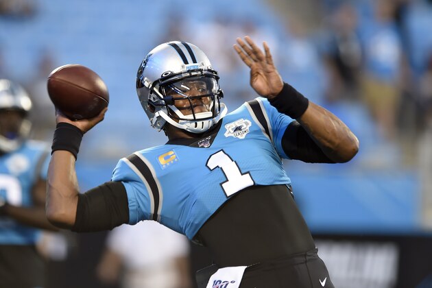 Carolina Panthers quarterback Cam Newton (1) warms up prior to an NFL football game against the Tampa Bay Buccaneers in Charlotte, N.C., Thursday, Sept. 12, 2019. (AP Photo/Mike McCarn)