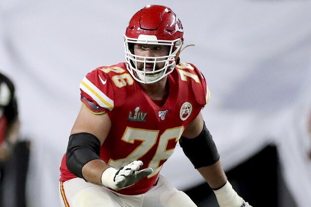 Kansas City Chiefs offensive guard Laurent Duvernay-Tardif (76) blocks against the San Francisco 49ers at Super Bowl 54 on Feb. 2, 2020, in Miami Gardens, Fla. The Chiefs won the game 31-20. (AP Photo/Gregory Payan)