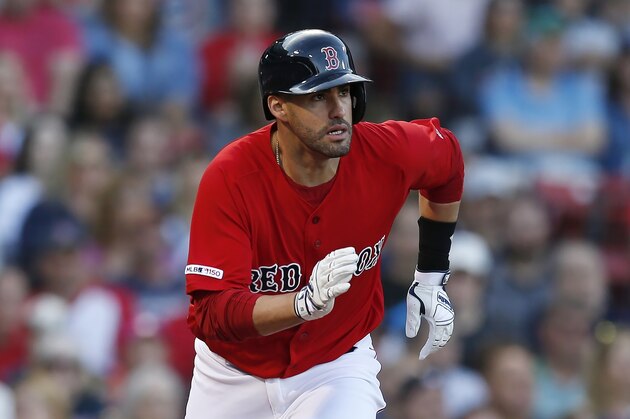 Boston Red Sox's J.D. Martinez plays against the Baltimore Orioles during the sixth inning of a baseball game in Boston, Sunday, Sept. 29, 2019. (AP Photo/Michael Dwyer)