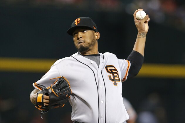 San Francisco Giants pitcher Fernando Abad throws against the Arizona Diamondbacks in the first inning during a baseball game, Sunday, Aug. 18, 2019, in Phoenix. (AP Photo/Rick Scuteri) San Francisco Giants pitcher Fernando Abad throws against the Arizona Diamondbacks in the first inning during a baseball game, Sunday, Aug. 18, 2019, in Phoenix. (AP Photo/Rick Scuteri)