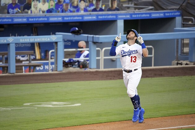 Los Angeles Dodgers' Max Muncy celebrates as he heads home after hitting a solo home run during the first inning of a baseball game against the San Francisco Giants Friday, July 24, 2020, in Los Angeles. (AP Photo/Mark J. Terrill)