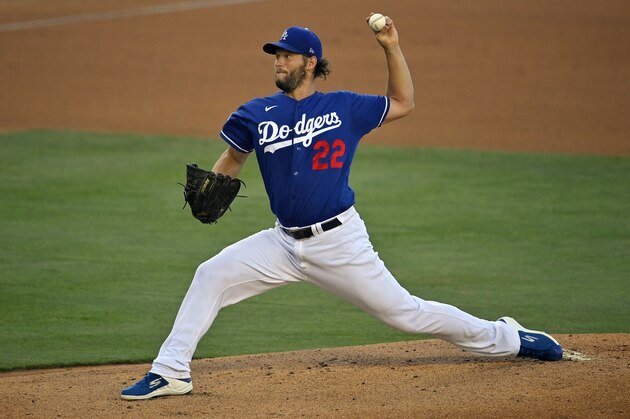 Los Angeles Dodgers starting pitcher Clayton Kershaw throws to the plate during intrasquad play in the restart of baseball spring training Monday, July 6, 2020, in Los Angeles. (AP Photo/Mark J. Terrill)