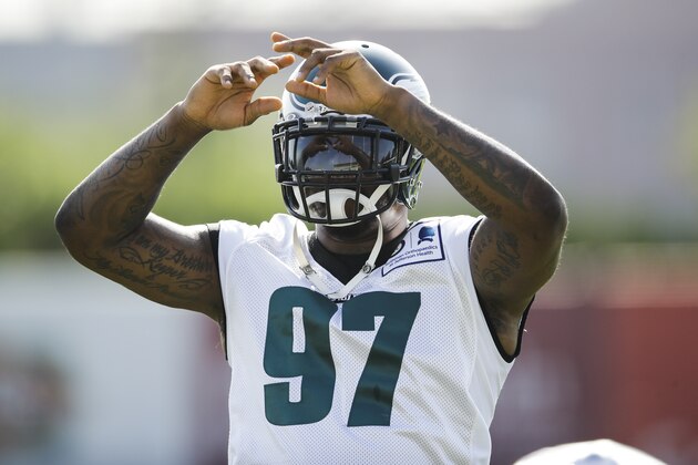 Philadelphia Eagles defensive tackle Malik Jackson during practice at the NFL football team's training camp in Philadelphia, Friday, July 26, 2019. (AP Photo/Matt Rourke)