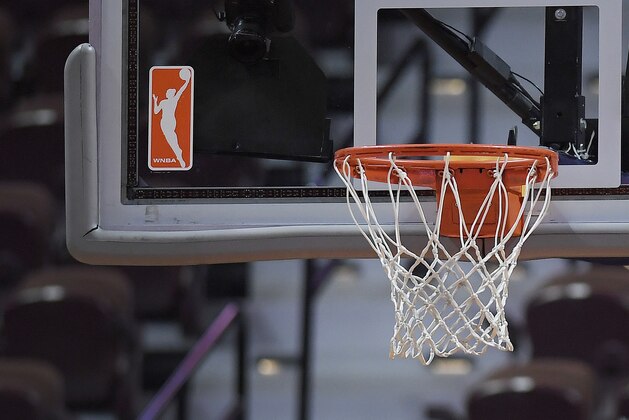 The WNBA logo and hoop are seen at a WNBA basketball game at Mohegan Sun Arena, Tuesday, May 14, 2019, in Uncasville, Conn. (AP Photo/Jessica Hill)