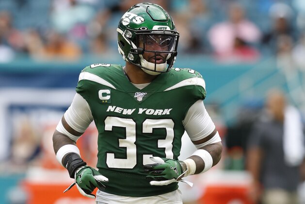 New York Jets strong safety Jamal Adams (33) lines up against the Miami Dolphins during an NFL football game, Sunday, Nov. 3, 2019, in Miami Gardens, Fla. The Dolphins won 26-18. (Jeff Haynes/AP Images for Panini)
