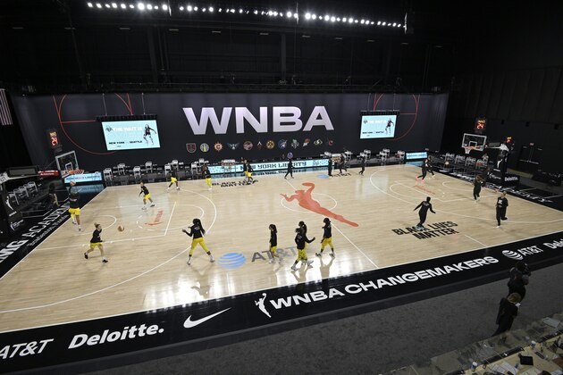 Members of the Seattle Storm, left, and New York Liberty warm up before a WNBA basketball game, Saturday, July 25, 2020, in Ellenton, Fla. (AP Photo/Phelan M. Ebenhack)