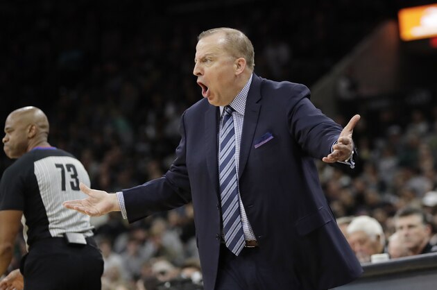 Minnesota Timberwolves head coach Tom Thibodeau argues a call during the first half of an NBA basketball game against the San Antonio Spurs, Wednesday, Oct. 17, 2018, in San Antonio. (AP Photo/Eric Gay) Minnesota Timberwolves head coach Tom Thibodeau argues a call during the first half of an NBA basketball game against the San Antonio Spurs, Wednesday, Oct. 17, 2018, in San Antonio. (AP Photo/Eric Gay)