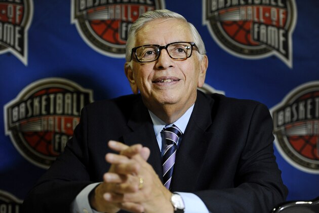 FILE - In this Aug. 7, 2014, file photo, David Stern, a member of the 2014 class of inductees into the Basketball Hall of Fame, listens to a question during a news conference in Springfield, Mass. A tribute to late NBA Commissioner Stern is to be held at New York's Radio City on Tuesday, Jan. 21, 2020. (AP Photo/Jessica Hill, File) FILE - In this Aug. 7, 2014, file photo, David Stern, a member of the 2014 class of inductees into the Basketball Hall of Fame, listens to a question during a news conference in Springfield, Mass. A tribute to late NBA Commissioner Stern is to be held at New York's Radio City on Tuesday, Jan. 21, 2020. (AP Photo/Jessica Hill, File)