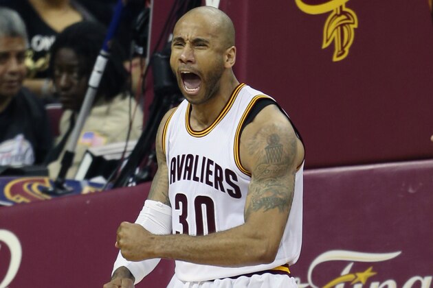 Cleveland Cavaliers guard Dahntay Jones (30) against the Golden State Warriors during the first half of Game 6 of basketball's NBA Finals in Cleveland, Thursday, June 16, 2016. (AP Photo/Ron Schwane)