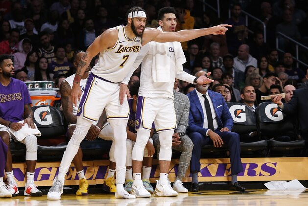 Los Angeles Lakers' JaVale McGee (7) and Los Angeles Lakers' Danny Green (14) complaint a call during an NBA basketball game between Los Angeles Lakers and Minnesota Timberwolves, Sunday, Dec. 8, 2019, in Los Angeles. The Lakers won 142-125. (AP Photo/Ringo H.W. Chiu)