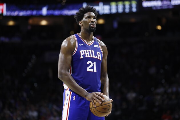 Philadelphia 76ers' Joel Embiid plays during an NBA basketball game against the Atlanta Hawks, Monday, Feb. 24, 2020, in Philadelphia. (AP Photo/Matt Slocum)