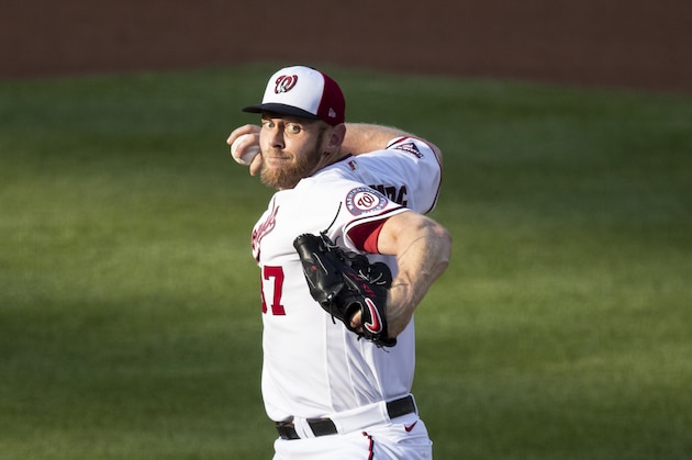 Washington Nationals starting pitcher Stephen Strasburg throws during a baseball intrasquad game at Nationals Park, Wednesday, July 15, 2020, in Washington. (AP Photo/Alex Brandon)