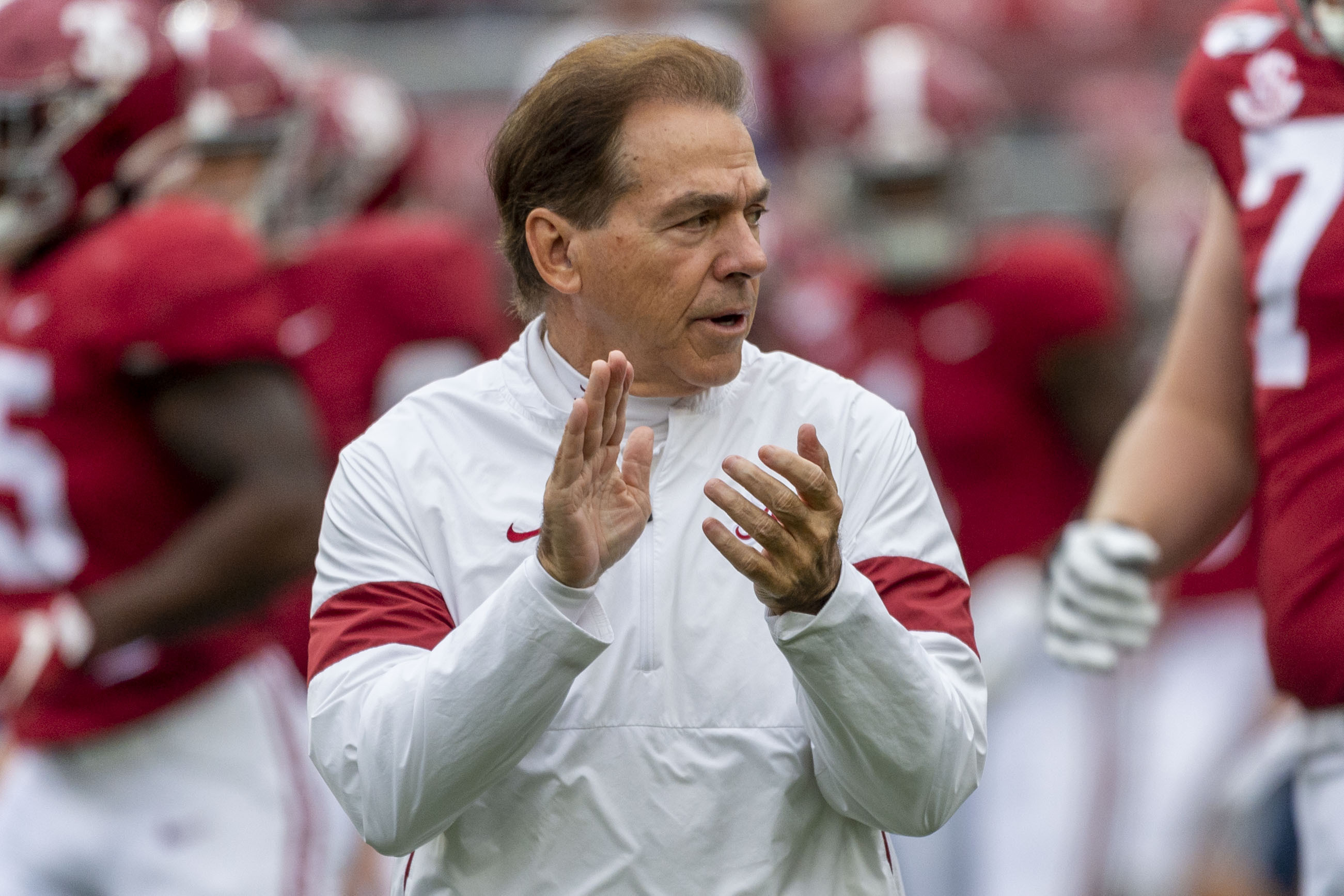 Alabama head coach Nick Saban cheers his team before an NCAA college football game against Western Carolina, Saturday, Nov. 23, 2019, in Tuscaloosa, Ala. (AP Photo/Vasha Hunt)