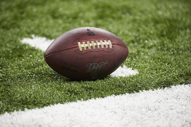 Football with 100 year logo during an NFL football game at Ford Field in Detroit, Sunday, Dec. 29, 2019. (AP Photo/Rick Osentoski)
