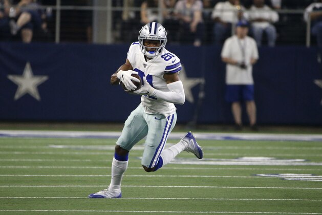 Dallas Cowboys wide receiver Jon'Vea Johnson (81) finds running room during a preseason NFL football game against the Tampa Bay Buccaneers in Arlington, Texas, Thursday, Aug. 29, 2019. (AP Photo/Ron Jenkins)
