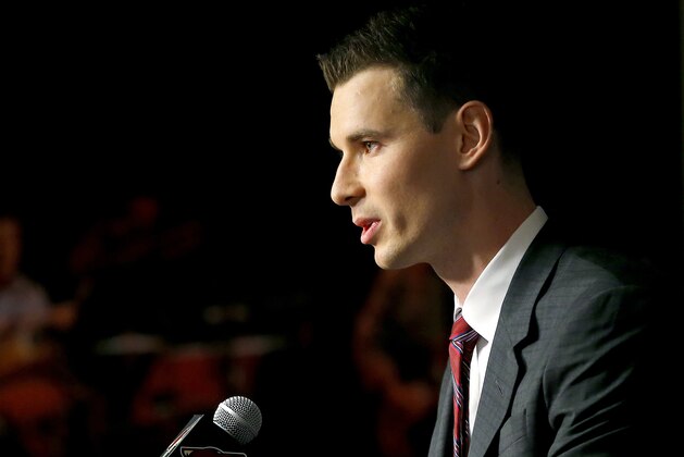 Newly appointed Arizona Coyotes general manager John Chayka speaks at a news conference announcing his promotion, Thursday, May 5, 2016, in Glendale, Ariz. Chayka is the youngest GM in NHL history. (AP Photo/Matt York)