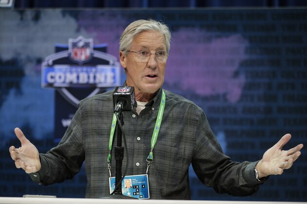 Seattle Seahawks head coach Pete Carroll speaks during a press conference at the NFL football scouting combine in Indianapolis, Tuesday, Feb. 25, 2020. (AP Photo/Michael Conroy)