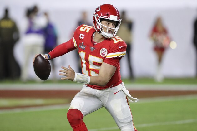 Kansas City Chiefs quarterback Patrick Mahomes (15) scrambles against the San Francisco 49ers at Super Bowl 54 on Feb. 2, 2020, in Miami Gardens, Fla. The Chiefs won the game 31-20. (AP Photo/Gregory Payan)