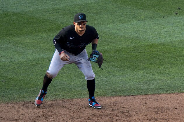 Miami Marlins shortstop Miguel Rojas in action during a baseball game against the Philadelphia Phillies, Saturday, July 25, 2020, in Philadelphia. The Phillies won 7-1. (AP Photo/Chris Szagola) Miami Marlins shortstop Miguel Rojas in action during a baseball game against the Philadelphia Phillies, Saturday, July 25, 2020, in Philadelphia. The Phillies won 7-1. (AP Photo/Chris Szagola)