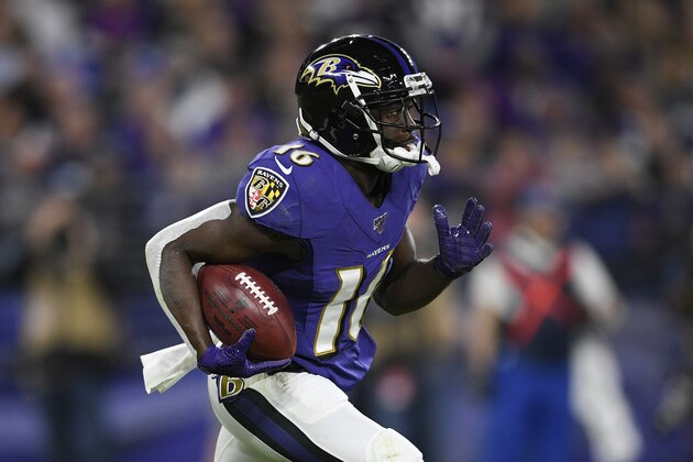 Baltimore Ravens wide receiver De'Anthony Thomas (16) runs with the ball during a kick return during the first half an NFL divisional playoff football game against the Tennessee Titans, Saturday, Jan. 11, 2020, in Baltimore. (AP Photo/Nick Wass)