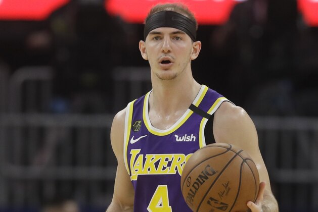 Los Angeles Lakers guard Alex Caruso (4) during an NBA basketball game against the Golden State Warriors in San Francisco, Thursday, Feb. 27, 2020. (AP Photo/Jeff Chiu) Los Angeles Lakers guard Alex Caruso (4) during an NBA basketball game against the Golden State Warriors in San Francisco, Thursday, Feb. 27, 2020. (AP Photo/Jeff Chiu)