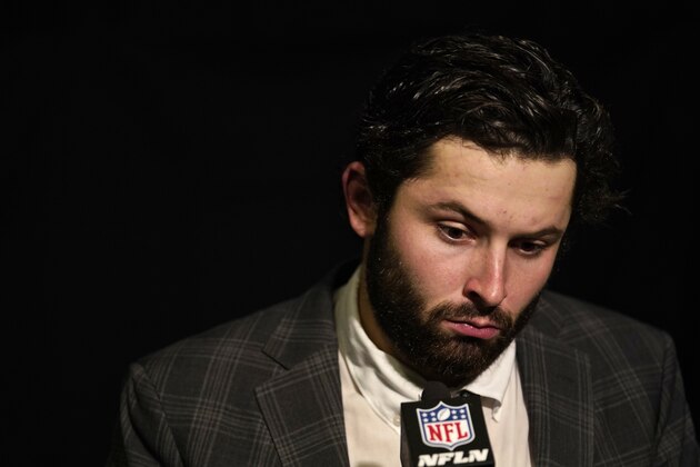 Cleveland Browns quarterback Baker Mayfield answers questions during a news conference after the Cincinnati Bengals defeated the Browns 33-23 in an NFL football game, Sunday, Dec. 29, 2019, in Cincinnati. (AP Photo/Bryan Woolston)