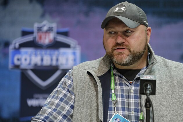 FILE - In this Feb. 25, 2020, file photo, New York Jets general manager Joe Douglas speaks during a news conference at the NFL football scouting combine in Indianapolis. Douglas made a vow to Sam Darnold's parents when he met them before the Jets' preseason opener last summer. The new general manager assured Mike and Chris Darnold they weren't going to have to worry about their son with him in charge. (AP Photo/Michael Conroy, File)