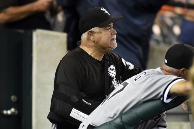 Chicago White Sox manager Rick Renteria watches his team play the Detroit Tigers during the sixth inning of a baseball game Saturday, Sept. 21, 2019, in Detroit. (AP Photo/Jose Juarez)