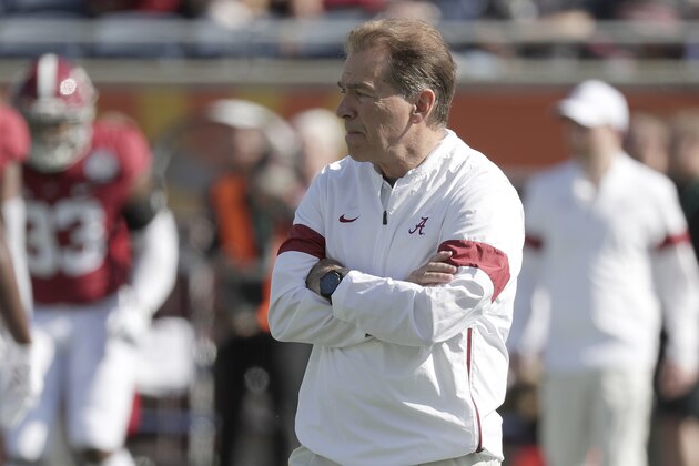 Alabama head coach Nick Saban watches players warm up before the Citrus Bowl NCAA college football game, Wednesday, Jan. 1, 2020, in Orlando, Fla. (AP Photo/John Raoux)