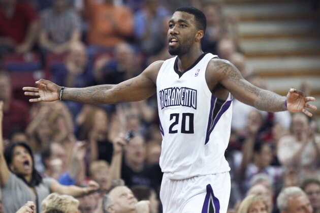 Sacramento Kings forward Donte Greene celebrates after hitting a 3-point shot against the Minnesota Timberwolves late in the second half of an NBA basketball game in Sacramento, Calif., Sunday, March 18, 2012. The Kings won 115-99. (AP Photo/Steve Yeater)