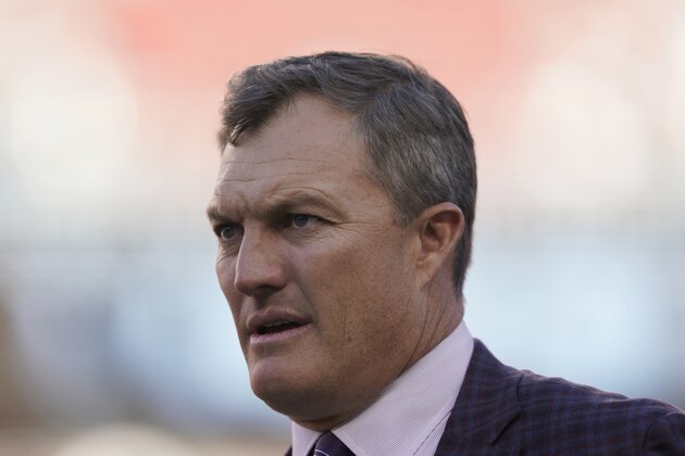 San Francisco 49ers general manager John Lynch before an NFL football game against the Cleveland Browns in Santa Clara, Calif., Monday, Oct. 7, 2019. (AP Photo/Tony Avelar)