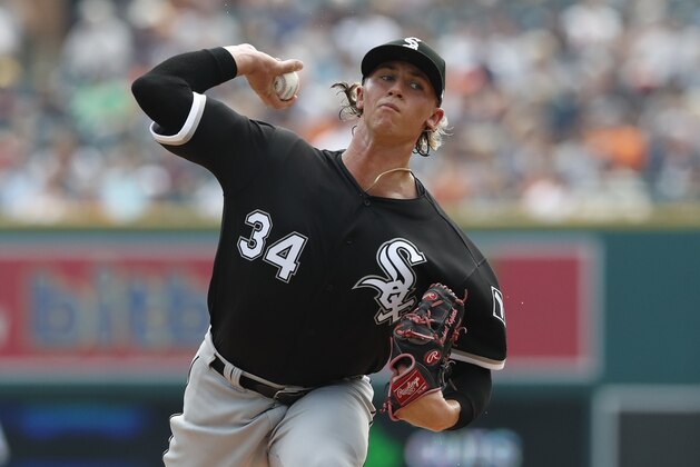 Chicago White Sox starting pitcher Michael Kopech throws during the second inning of a baseball game against the Detroit Tigers, Sunday, Aug. 26, 2018, in Detroit. (AP Photo/Carlos Osorio)