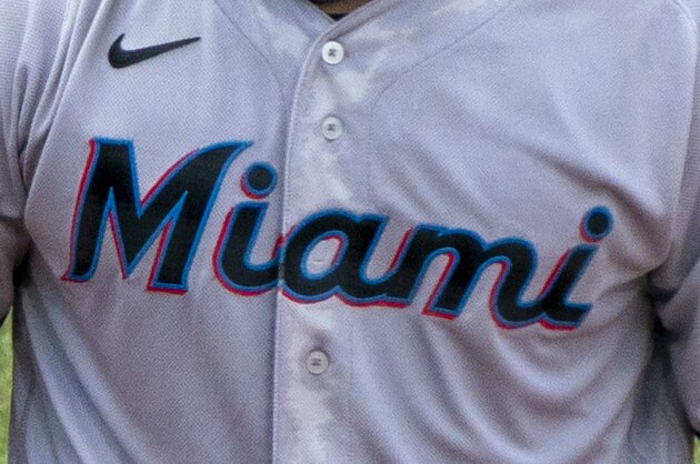 Miami Marlins' Jesus Aguilar reacts during the fifth inning of a baseball game against the Miami Marlins against the Philadelphia Phillies, Sunday, July 26, 2020, in Philadelphia. The Marlins won 11-6. (AP Photo/Chris Szagola)