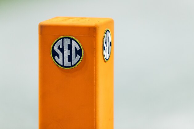 SEC logo on a pylon during the Southeastern Conference Championship NCAA college football game against the Alabama Crimson Tide and the Georgia Bulldogs on Saturday, Dec. 1, 2018 in Atlanta. (Ric Tapia via AP)
