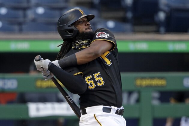 Pittsburgh Pirates' Josh Bell bats during an exhibition baseball game against the Cleveland Indians in Pittsburgh, Saturday, July 18, 2020. (AP Photo/Gene J. Puskar) Pittsburgh Pirates' Josh Bell bats during an exhibition baseball game against the Cleveland Indians in Pittsburgh, Saturday, July 18, 2020. (AP Photo/Gene J. Puskar)