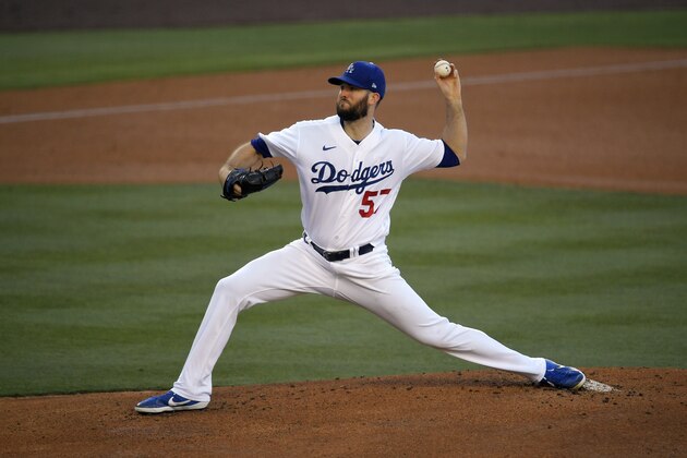 Los Angeles Dodgers starting pitcher Alex Wood throws during an intrasquad baseball game Wednesday, July 15, 2020, in Los Angeles. (AP Photo/Mark J. Terrill)
