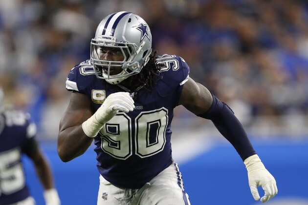 Dallas Cowboys defensive end Demarcus Lawrence plays against the Detroit Lions during an NFL football game in Detroit, Sunday, Nov. 17, 2019. (AP Photo/Paul Sancya)