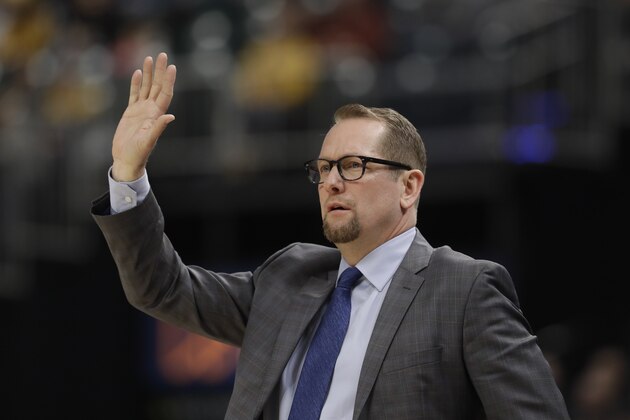 Toronto Raptors head coach Nick Nurse in action during the first half of an NBA basketball game against the Indiana Pacers, Friday, Feb. 7, 2020, in Indianapolis. (AP Photo/Darron Cummings)