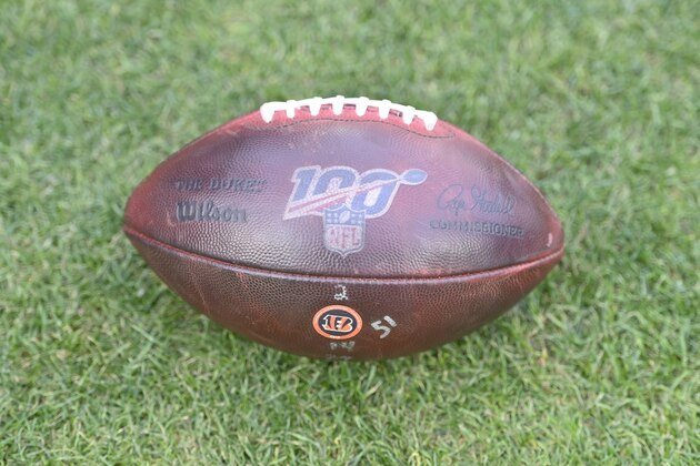 A detail view of a game ball during an NFL football game between the Cincinnati Bengals and the Cleveland Browns, Sunday, Dec. 8, 2019, in Cleveland. The Browns won 27-19. (AP Photo/David Richard)