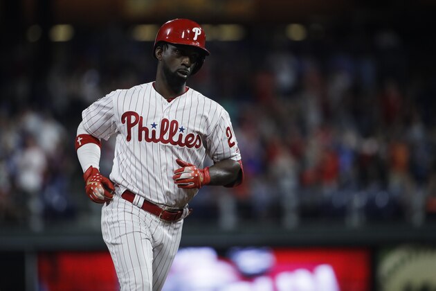 Philadelphia Phillies' Andrew McCutchen runs the basses after hitting a home run with one run batted in off of St. Louis Cardinals pitcher Michael Wacha during the fifth inning of a baseball game, Wednesday, May 29, 2019, in Philadelphia. (AP Photo/Matt Rourke)