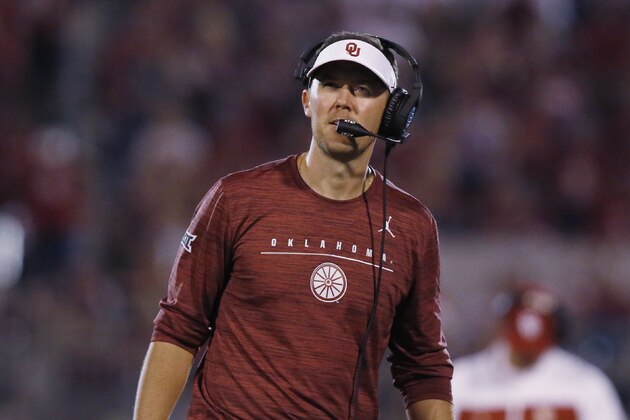 Oklahoma head coach Lincoln Riley looks up at the scoreboard in the fourth quarter of an NCAA college football game against South Dakota Saturday, Sept. 7, 2019, in Norman, Okla. (AP Photo/Sue Ogrocki)
