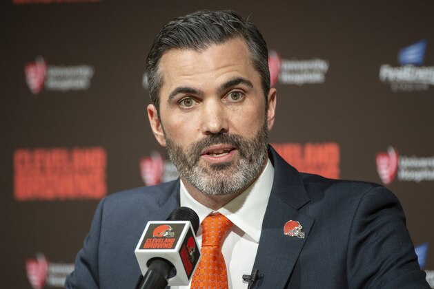FILE - In this Jan. 14, 2020, file photo, Cleveland Browns NFL Football head coach Kevin Stefanski answers a question during a news conference at FirstEnergy Stadium in Cleveland. As part of the Bill Walsh Diversity Coaching Fellowship, the Cleveland Browns have welcomed six young coaches, including two women and former NFL player Leonard Hankerson, to take part in the final three weeks of their offseason program.